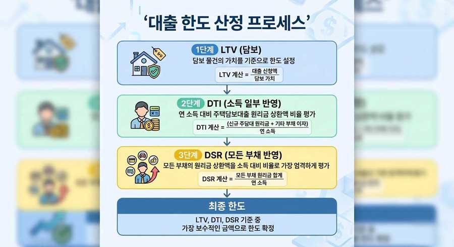 DSR&middot;DTI&middot;LTV 계산기 적용 순서와 대출 한도 산정 프로세스를 단계별로 정리한 인포그래픽 이미지