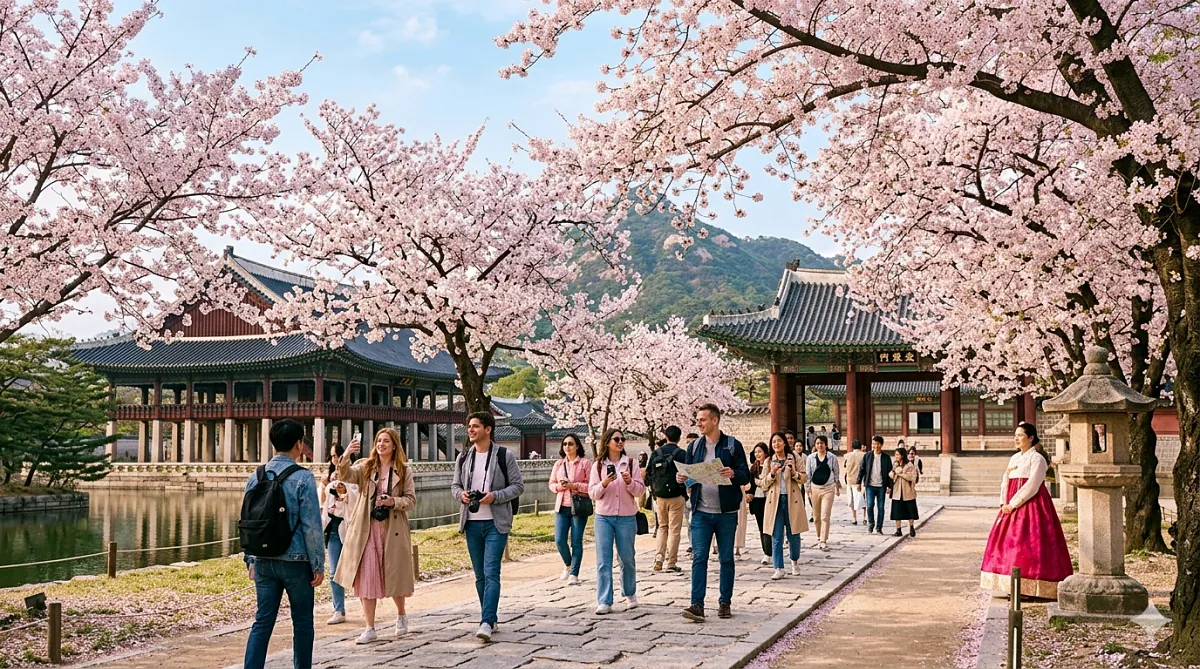 A view of a Korean palace with people walking along a path lined with cherry blossoms in full bloom.