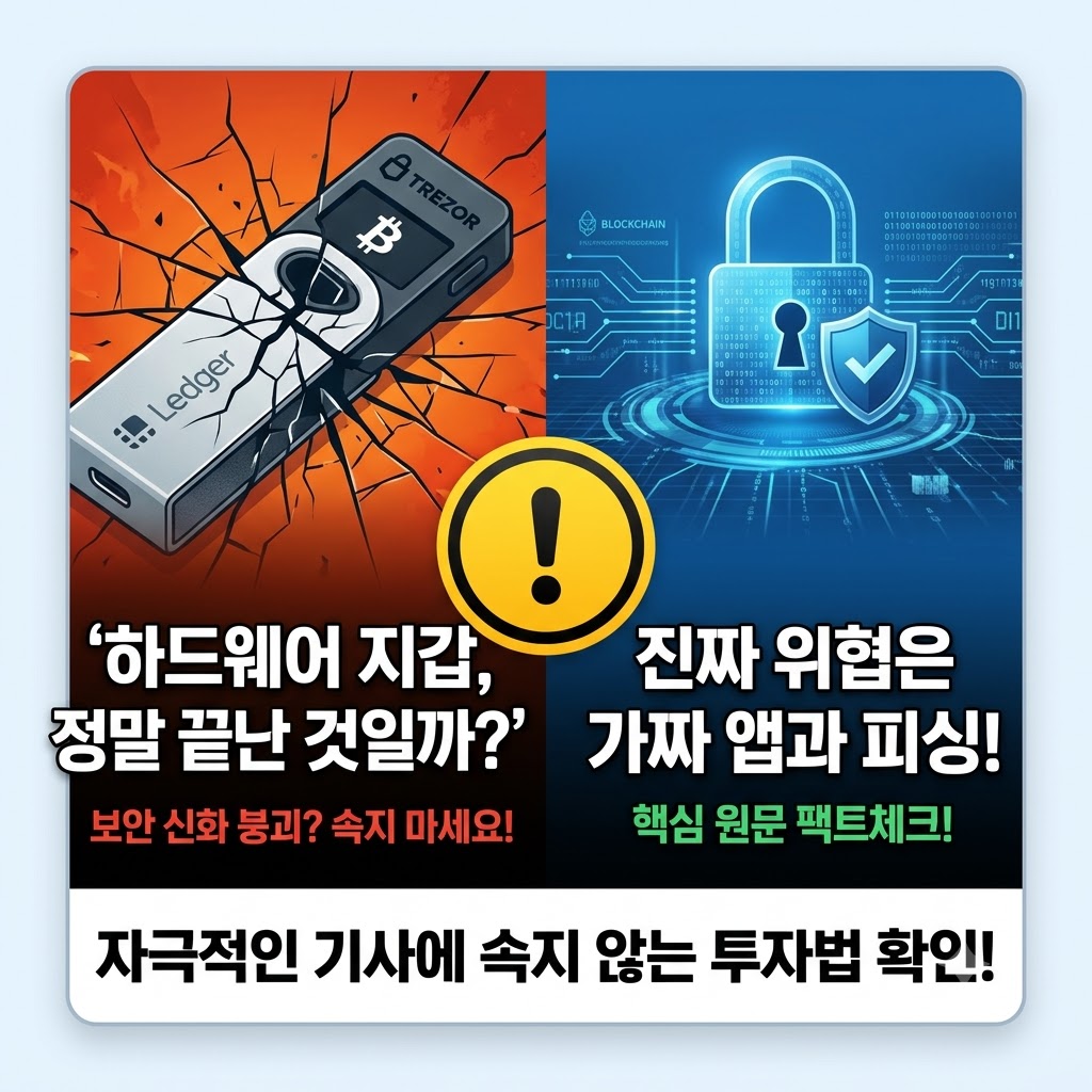 하드웨어 지갑의 보안 논란을 다루는 카드뉴스 썸네일. 왼쪽은 깨진 Ledger와 Trezor 하드웨어 지갑 이미지, 오른쪽은 보호된 자물쇠와 보안 아이콘이 배치됨. 중앙에 느낌표 경고 아이콘과 함께 '하드웨어 지갑, 정말 끝난 것일까?', '진짜 위협은 가짜 앱과 피싱!'이라는 문구와 '자극적인 기사에 속지 않는 투자법 확인!'이라는 제목이 강조됨