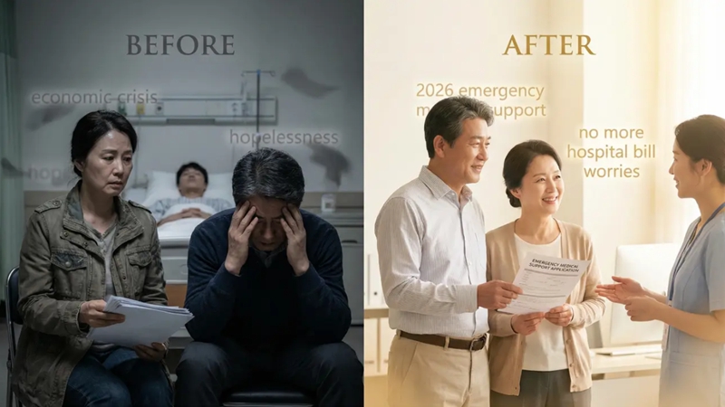 병원비 부담으로 힘들어하던 중장년 남녀가 2026년 긴급의료지원 혜택을 확인하고 신청하여 의료비를 해결하고 희망을 되찾는 Before/After 모습. 긴급의료지원 정책과 경제적 도움.