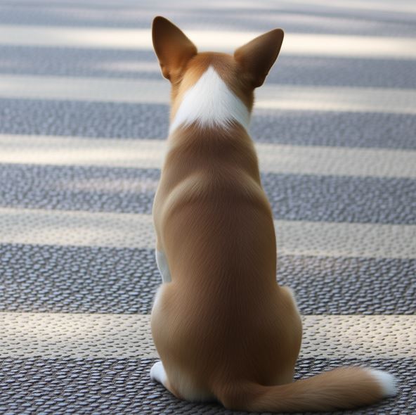 바닥에 엉덩이를 대고 앉아 있는 강아지의 뒷모습