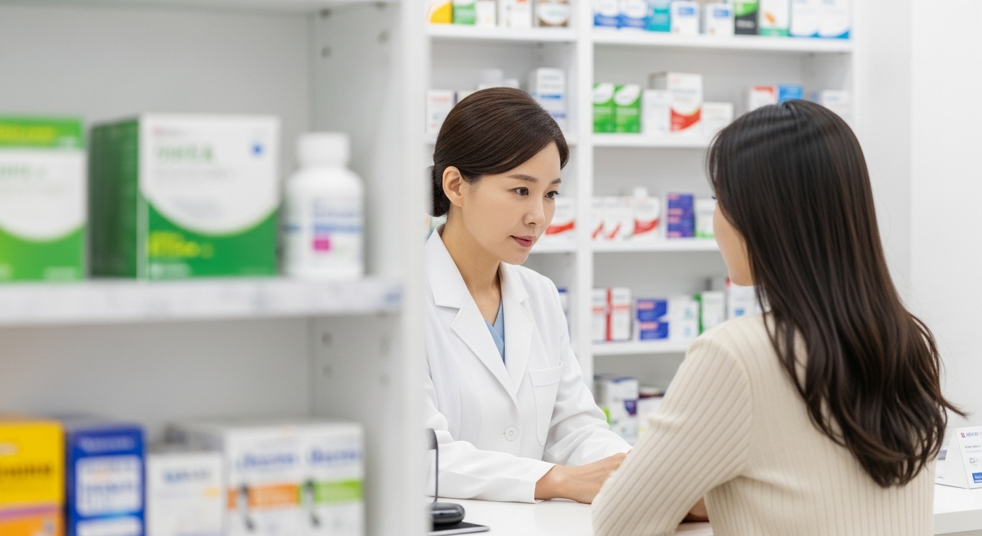 약국에서 약사에게 사후피임약에 대해 상담받는 한국 여성