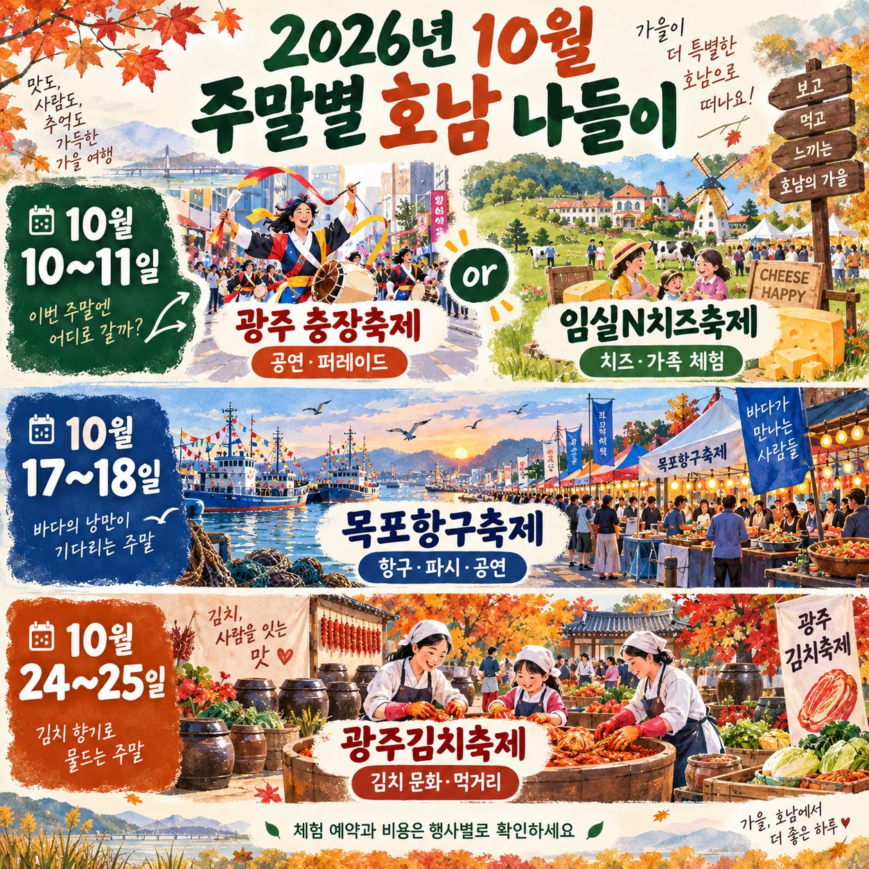 10월 10~11일 충장·임실, 17~18일 목포, 24~25일 광주김치축제의 주말 선택 안내