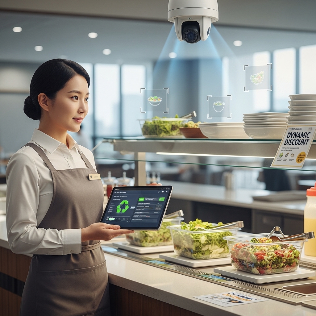 a Korean female manager (early 30s) in a neat apron and name tag holding a tablet showing an AI waste-management dashboard