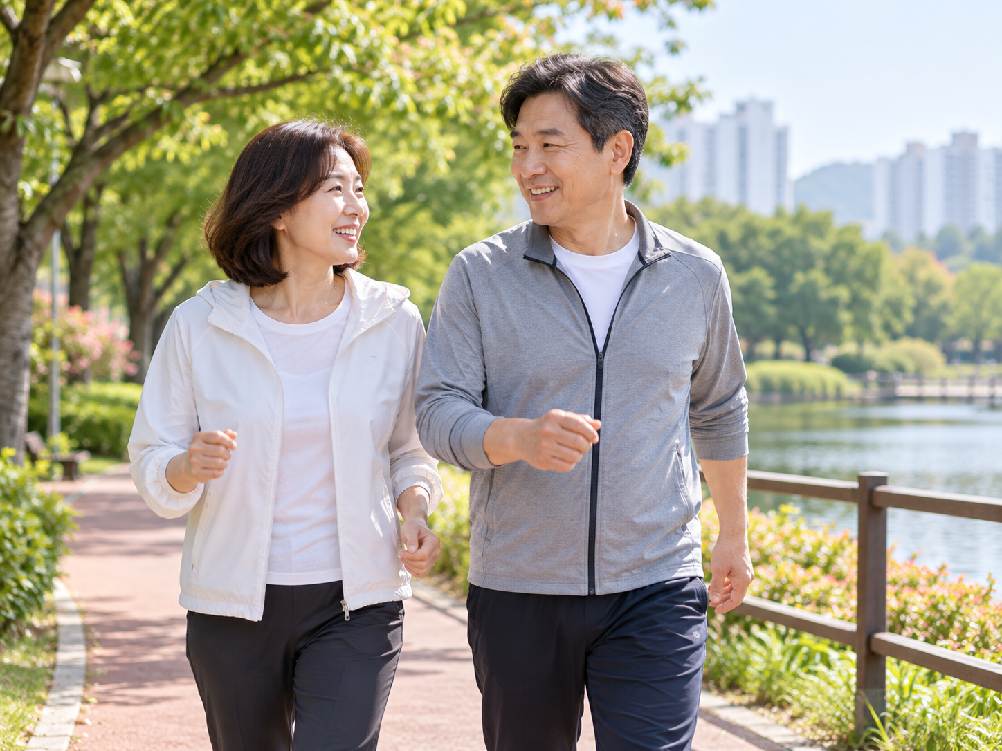 식사 후 공원 산책로를 가볍게 걷는 40~50대 중년 부부