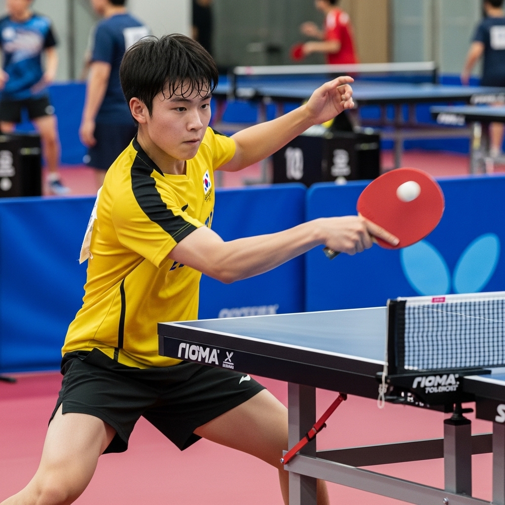 젊은 한국 탁구 선수가 훈련장에서 강력한 포어핸드 루프를 구사하는 역동적인 모습.