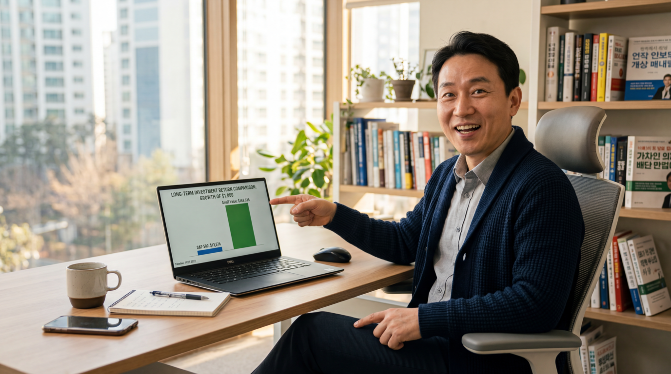 노트북 화면을 가리키며 만족스러운 표정을 짓고 있는 모습