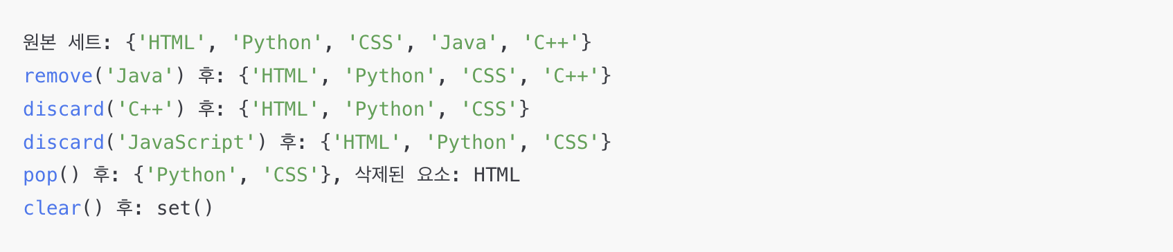 파이썬 세트에서 remove, discard, pop, clear로 요소 삭제 예시