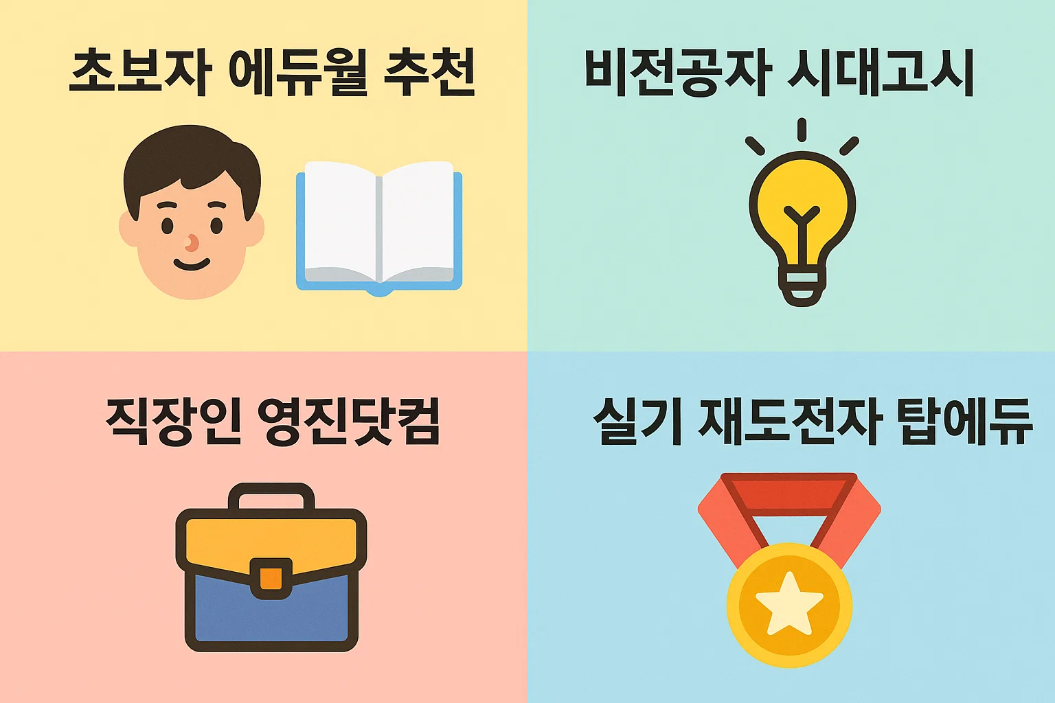 초보자, 비전공자, 직장인, 실기 재도전자에게 맞는 추천 교재를 구체적으로 정리한 맞춤형 인포그래픽.