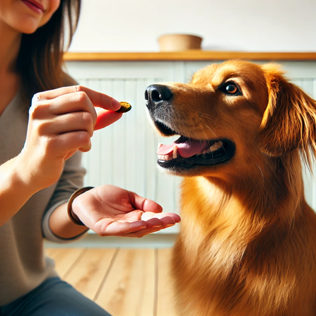 강아지가 주인의 손에서 간식을 올바르게 받는 훈련 과정