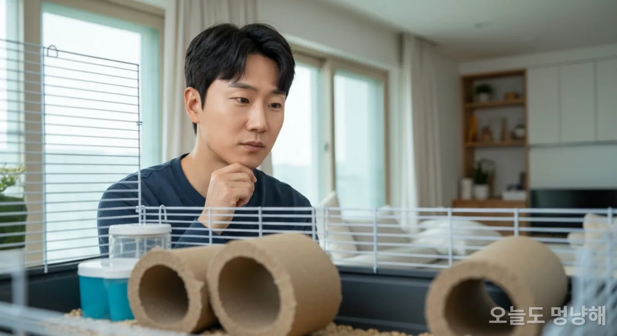 한 한국 남성이 아파트에서 햄스터가 골판지 터널을 탐험하는 모습을 관찰하는 장면