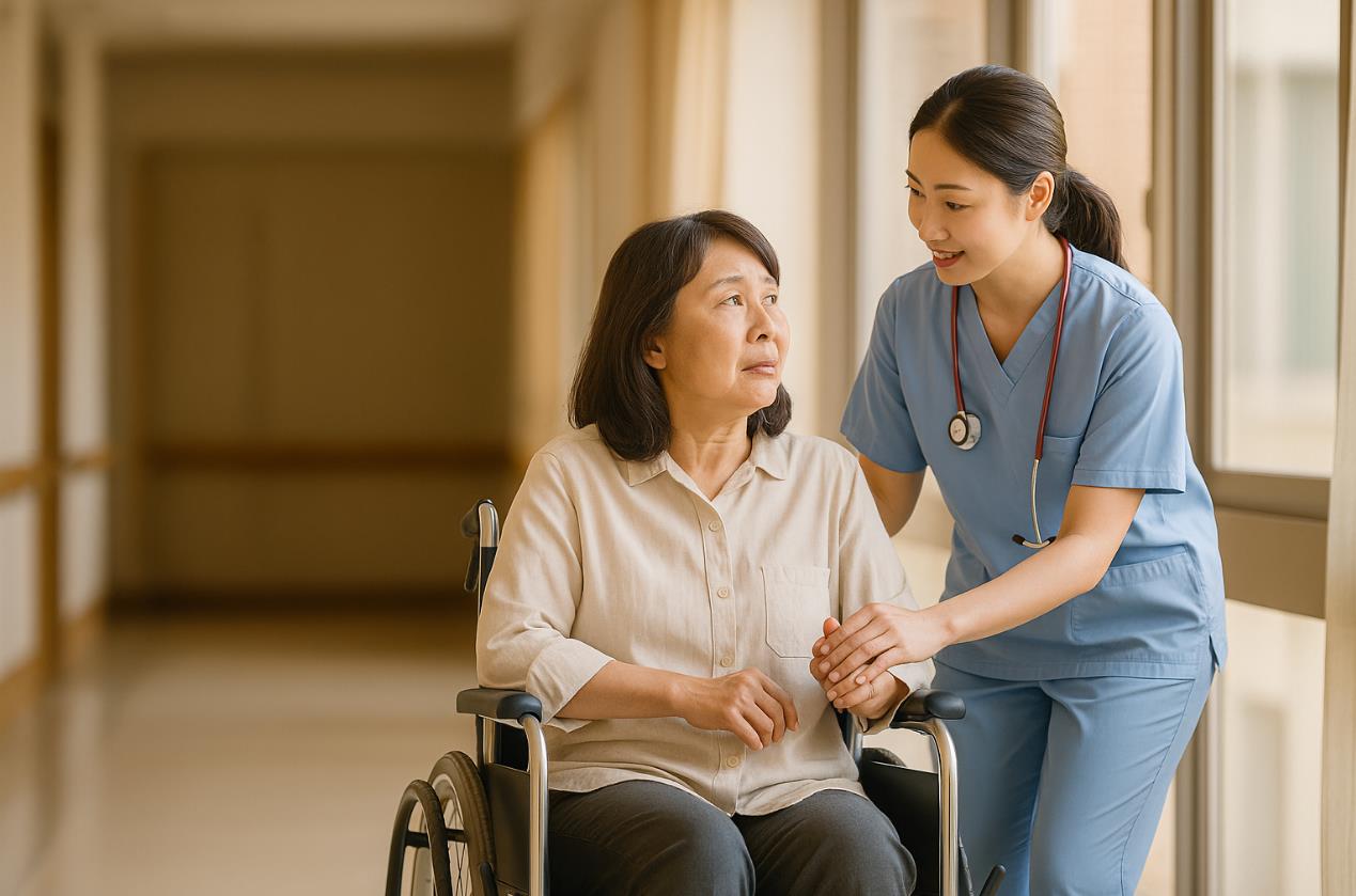 의사 복장의 젊은 여성 의료인이 휠체어 탄 중년 여성 환자에게 설명해주는 장면