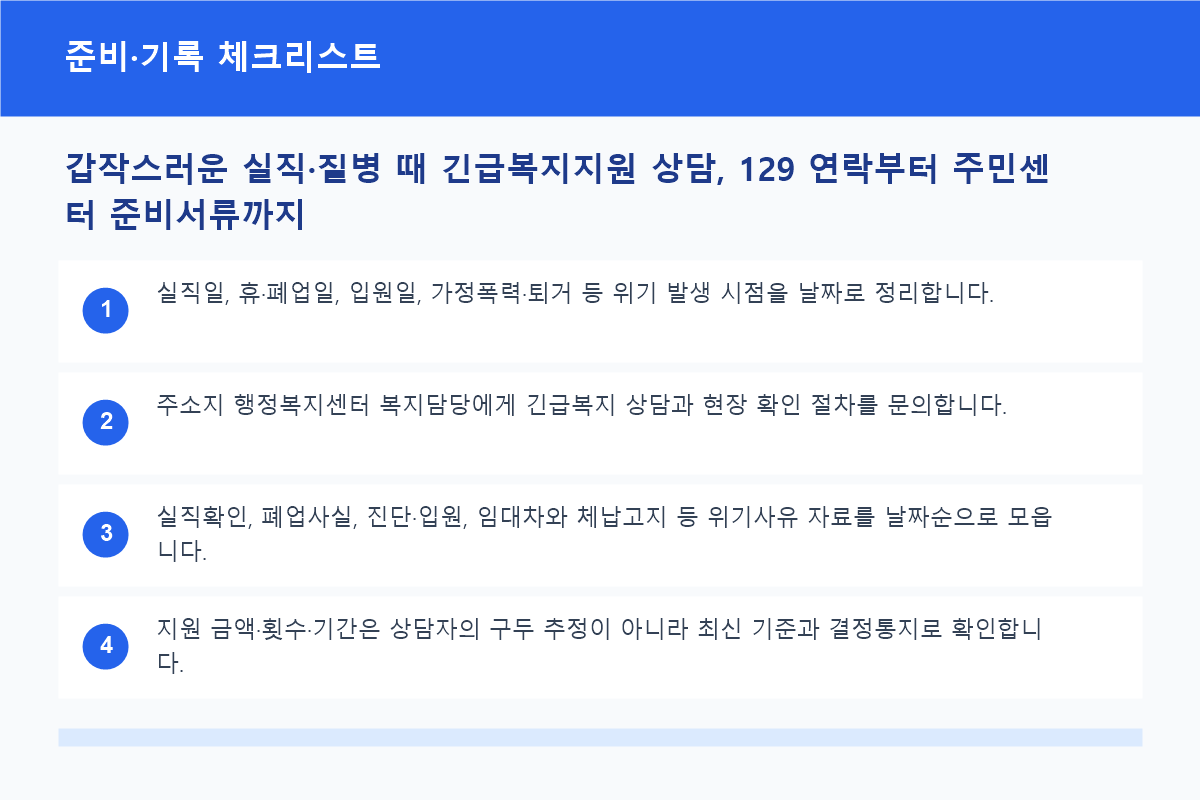 긴급복지지원 상담에 필요한 가구&middot;소득&middot;위기상황 서류 체크리스트