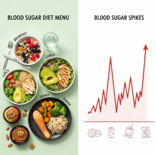 혈당 다이어트 식단과 혈당 스파이크를 보여주는 이미지