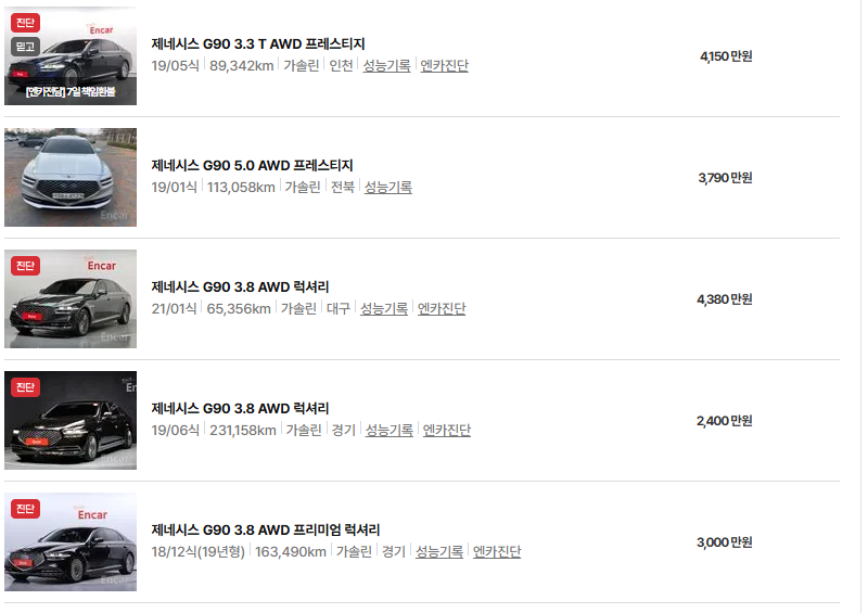 제네시스 G90 중고차 가격 시세표 및 유지비