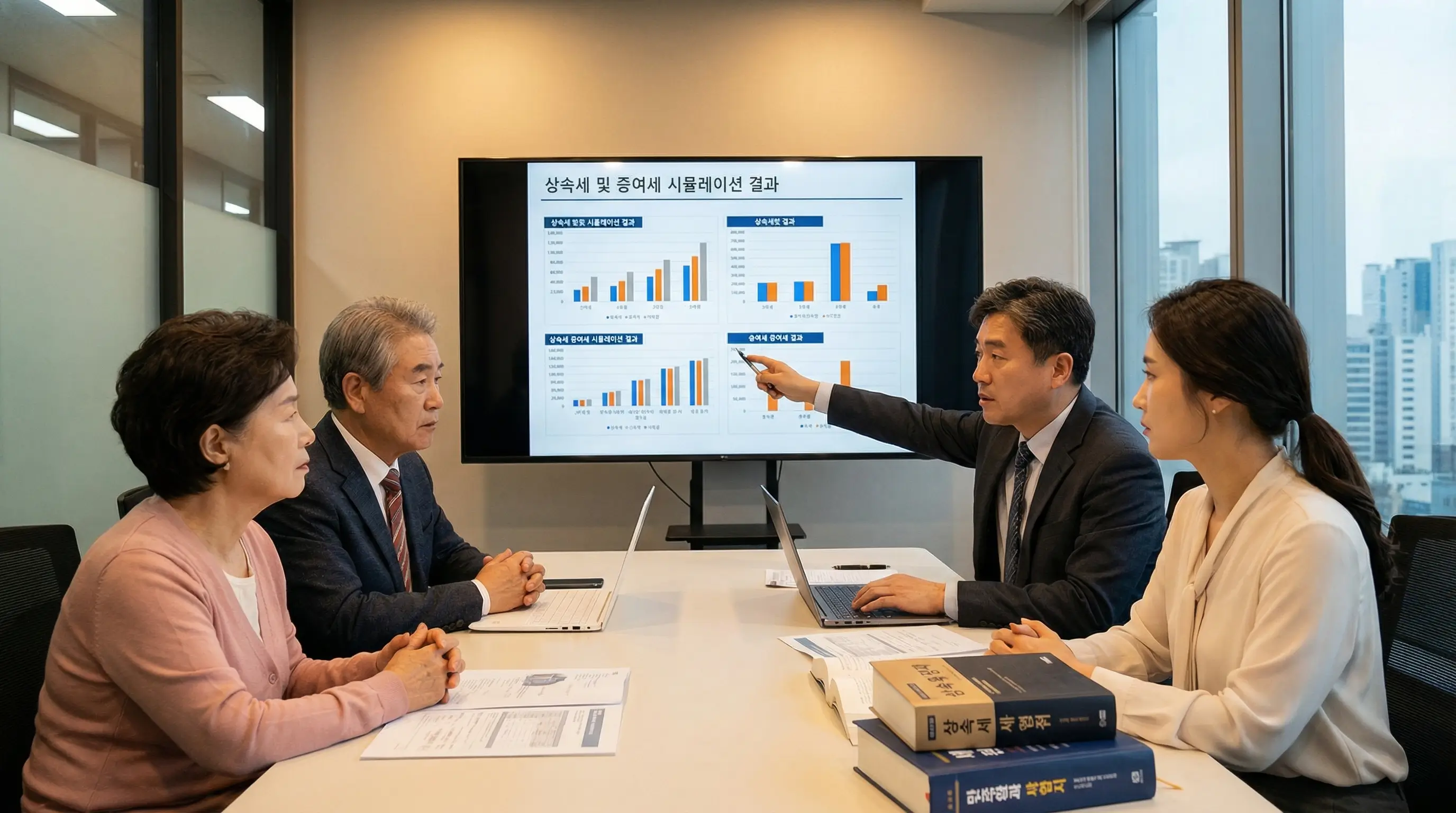 세무사 사무실에서 한국인 가족이 상속세와 증여세 시뮬레이션 결과를 화면으로 보며 전문가 설명을 듣는 진지한 분위기