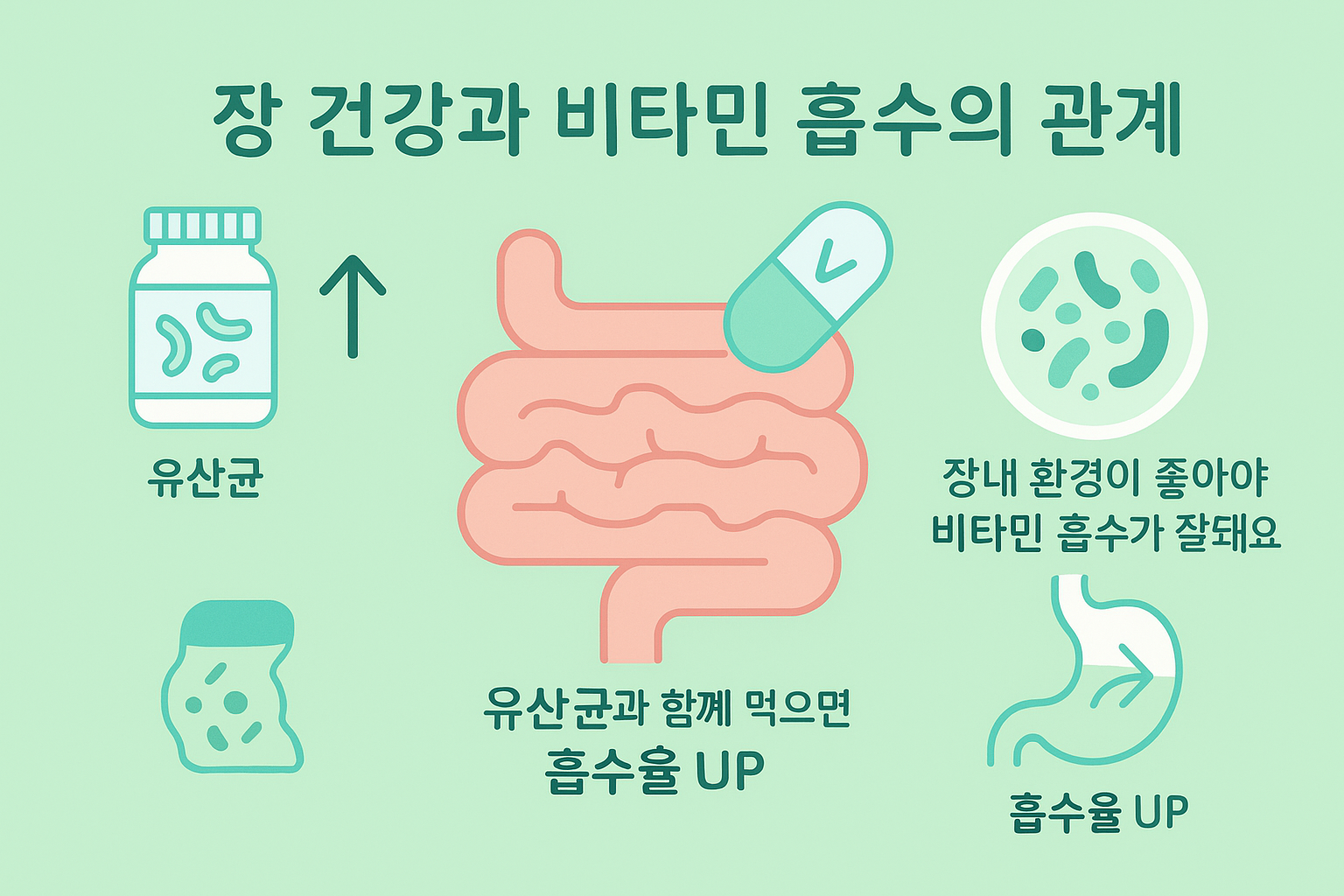 유산균과 장내 환경 개선을 통해 종합비타민 흡수율을 높일 수 있다는 내용을 인포그래픽으로 표현한 이미지입니다.