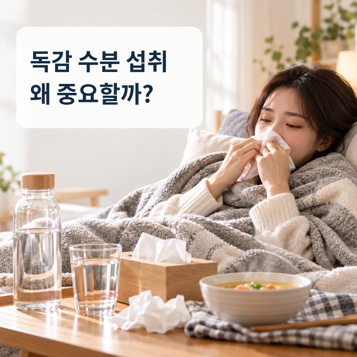 독감 증상으로 쉬는 사람 옆에 물과 따뜻한 국물이 놓인 모습