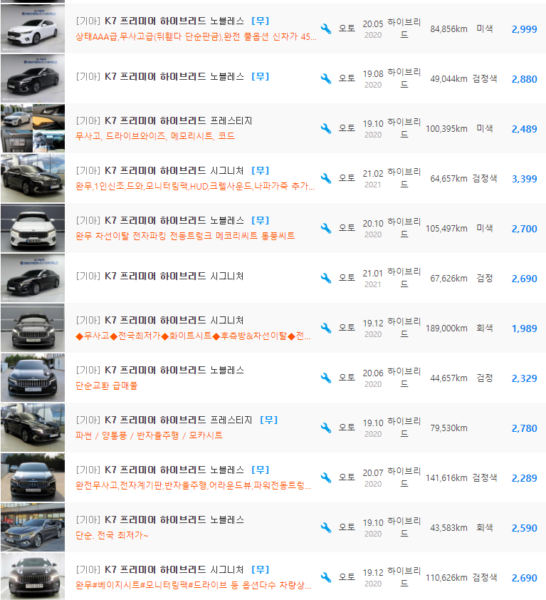 K7 하이브리드 등급 중고차 시세 : 1,989만원 ~ 3,550만원