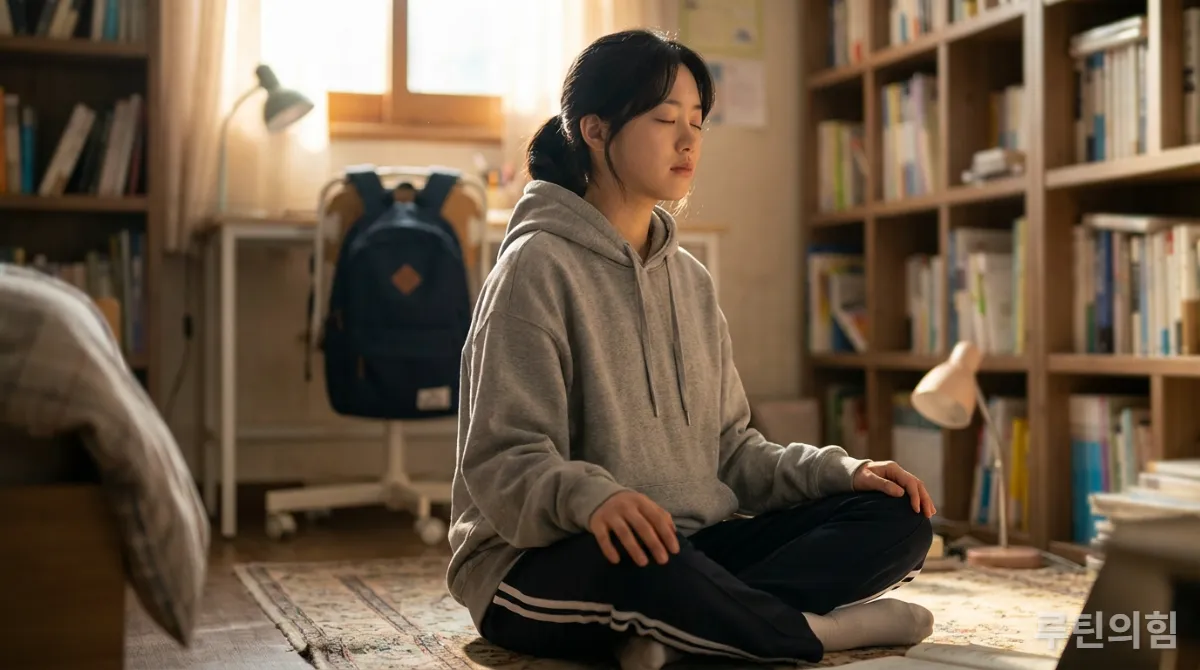 수능 압박감을 극복하기 위해 명상하는 한국 수험생