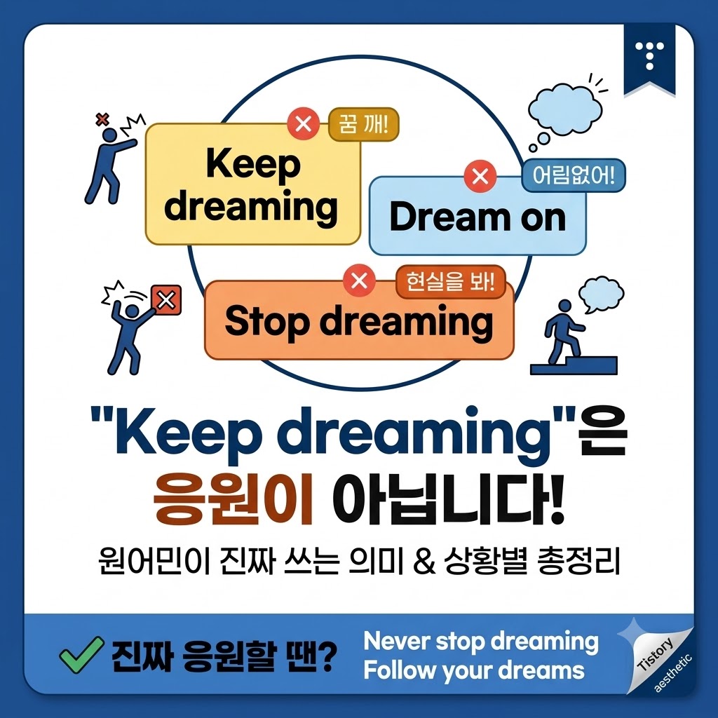 Keep dreaming'은 좋은 말이 아닙니다! 원어민이 진짜 사용하는 의미와 상황별 총정리. Keep dreaming, Dream on, Stop dreaming의 올바른 의미와 진짜 응원 표현(Never stop dreaming, Follow your dreams)을 비교 설명하는 요약 이미지