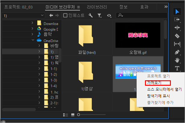 미디어 브라우저 패널에서 가져오기