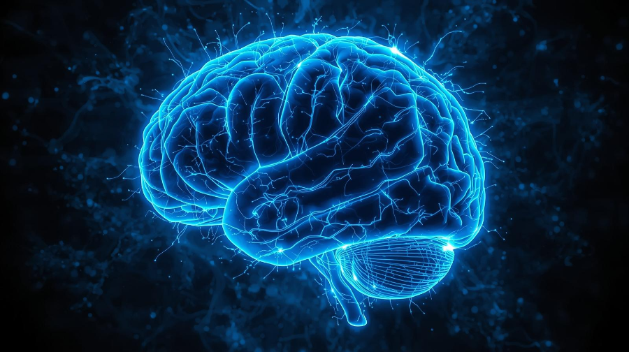 푸른 빛으로 빛나는 뇌 신경망 이미지, 기억과 집중력을 상징하는 시각화