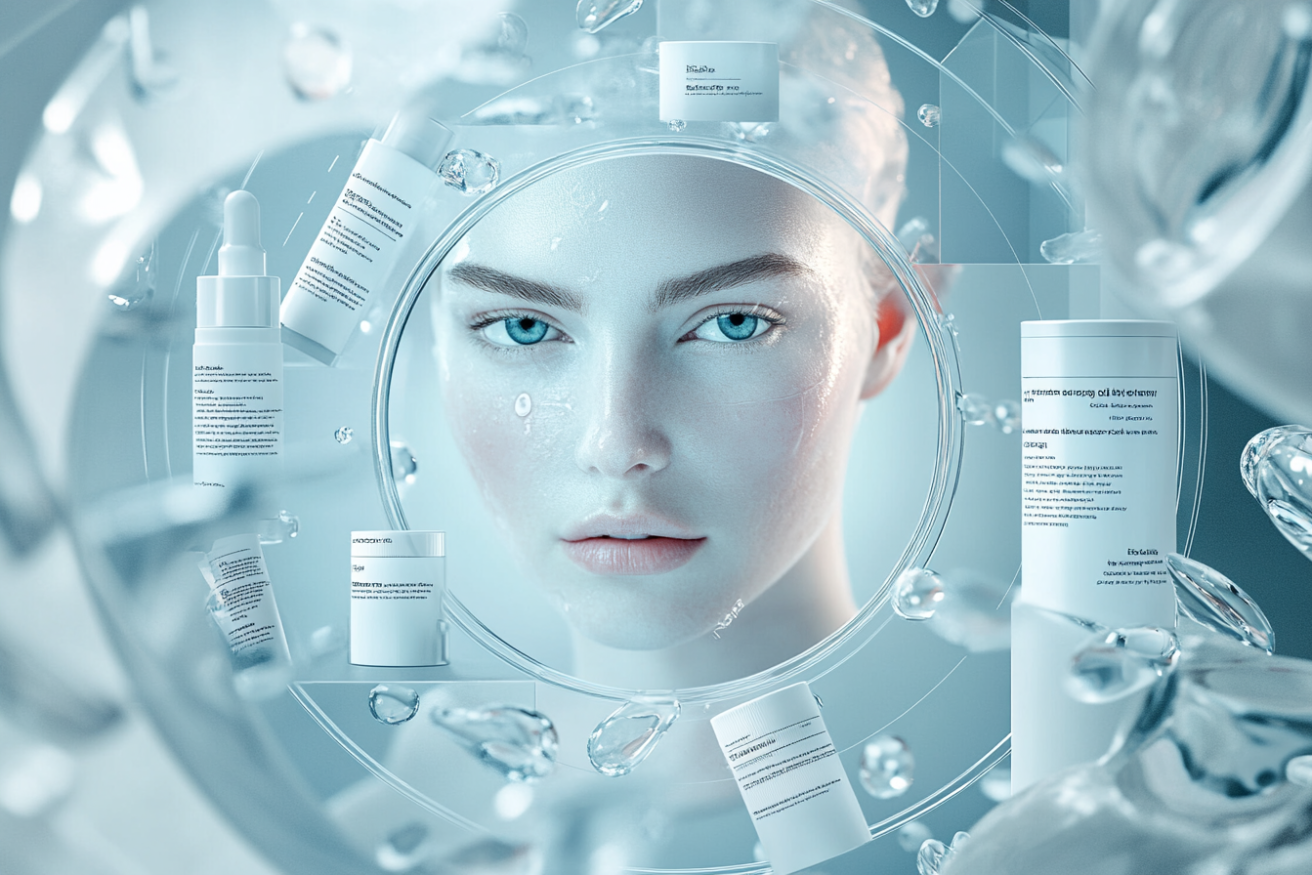 한 달 만에 피부 좋아지는 루틴 - 여성의 얼굴이 가운데 있으면서 여러가지 피부 제품을 원형으로 배치한 사진