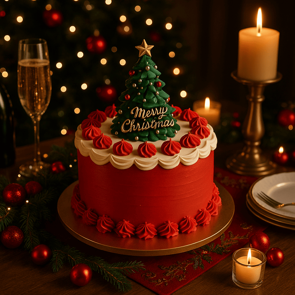 Festive Christmas cake on a decorated party table