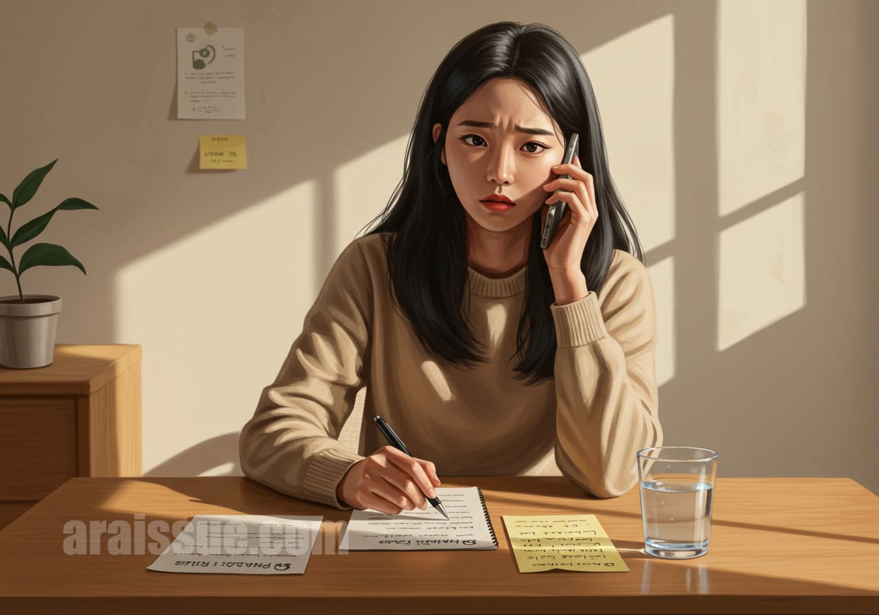 50대 한국 여성이 책상에 메모지와 보험 약관을 펴두고 전화기로 실손보험 상담센터에 문의하고 있습니다. 청구 전 확인의 중요성을 나타냅니다.