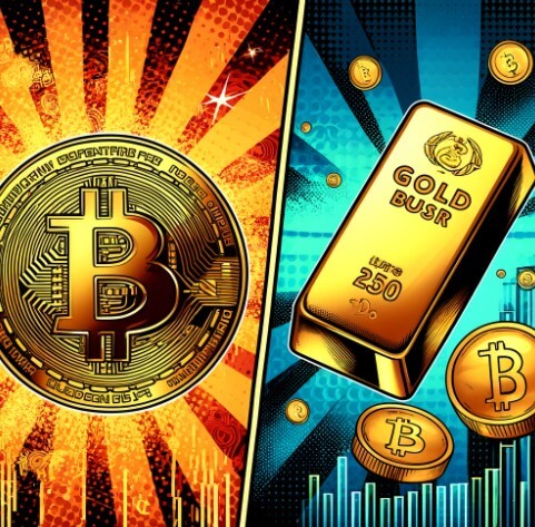 왼쪽 비트코인, 오른쪽은 골드바를 팝아트 스타일로 그려서 대비를 이룬 그림