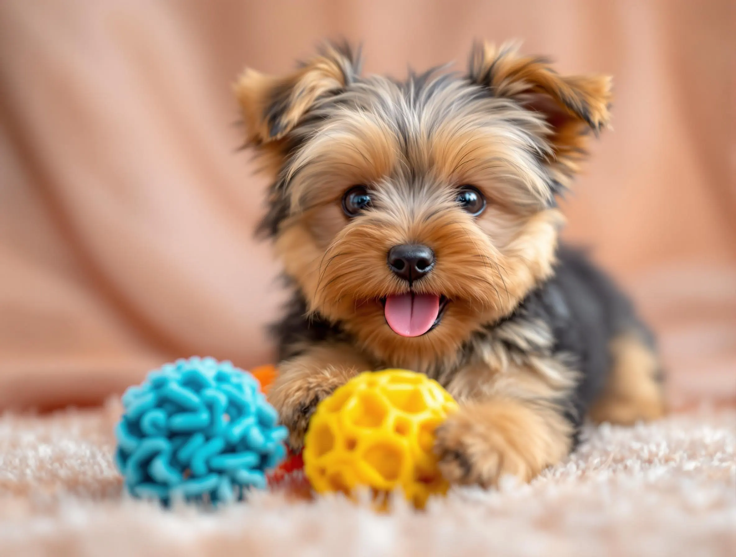 예방접종 후 건강하게 보호된 요크셔 테리어 강아지가 노란 공과 함께 장난치는 모습