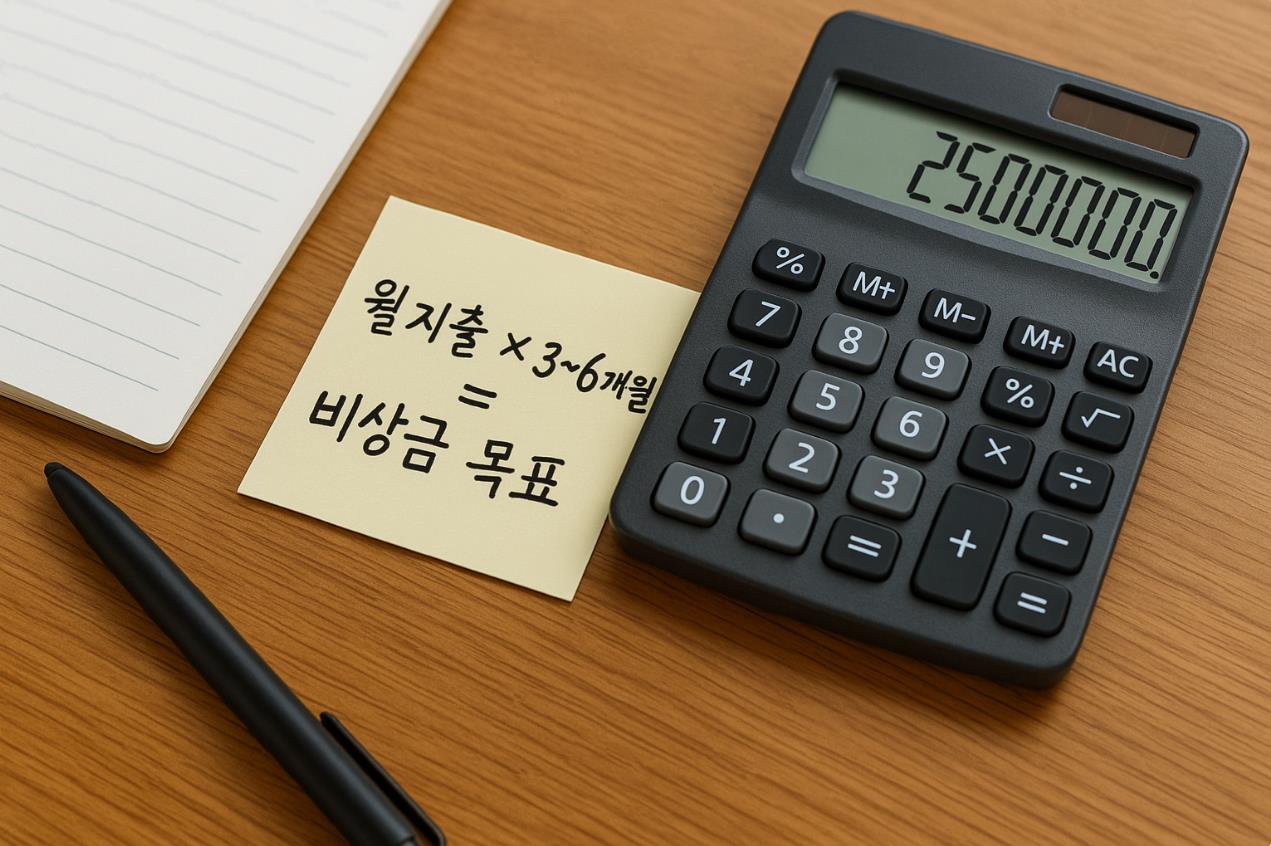 계산기와 메모지에 &lsquo;월지출 &times; 3~6개월 = 비상금 목표&rsquo;가 적혀 있는 모습