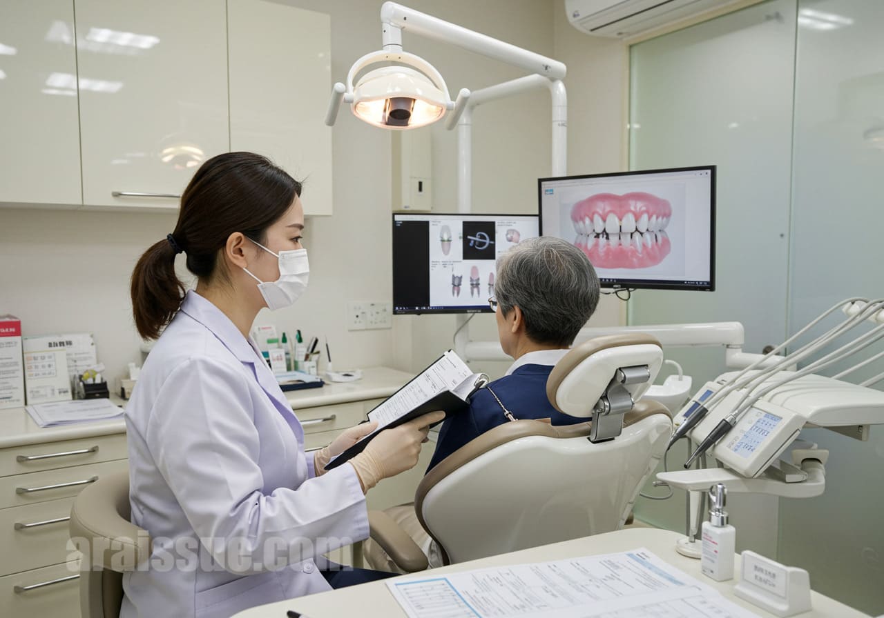 중년 남성이 치과에서 임플란트와 세금 공제 상담을 받고 있는 모습. 배경에는 의료비 서류와 구강 구조 이미지가 함께 보입니다.