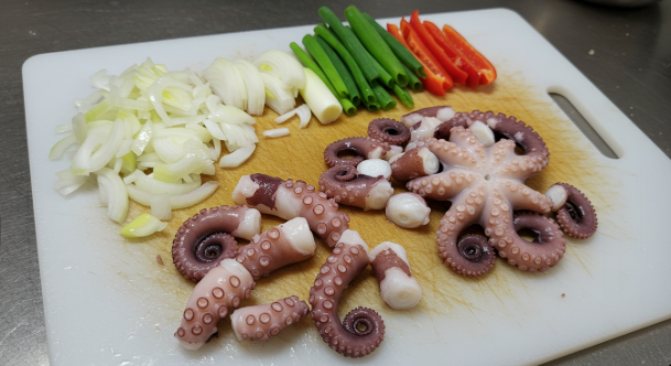 손질된 낙지와 채 썰린 양파, 대파, 고추 등 낙지볶음 재료들