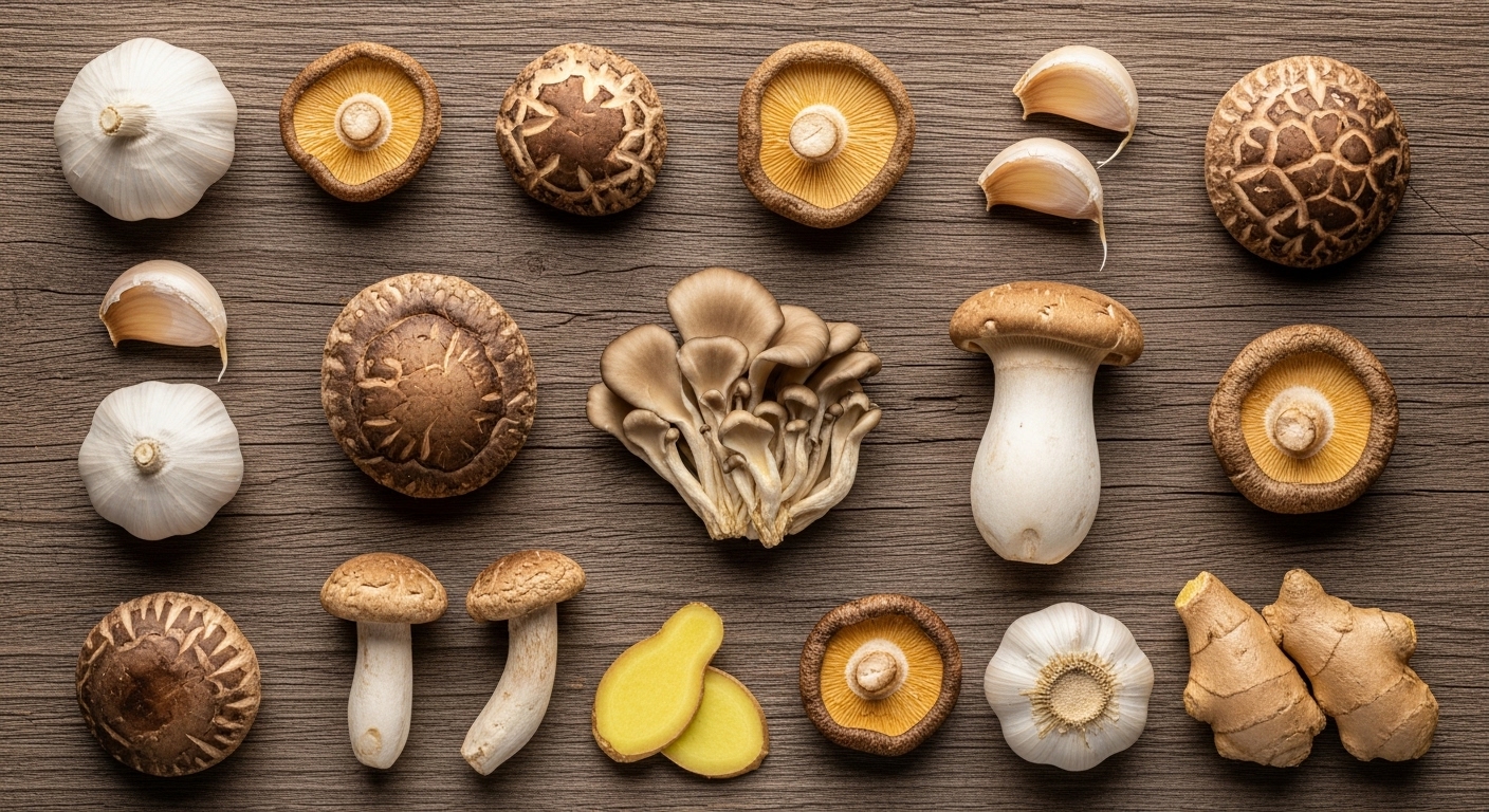다양한 종류의 버섯과 마늘, 생강이 나무 테이블 위에 보기 좋게 놓여 있는 모습