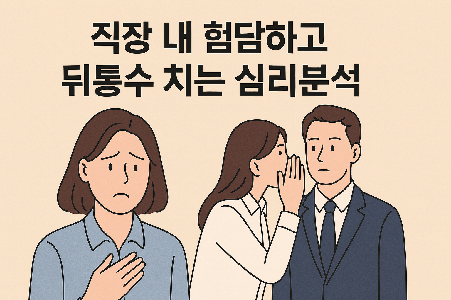 직장내 여성2명, 남성1명이 있고, 여성2명이 험담을 하다 직장상사인 남성이 나타나자 여성1명이 남성에게 고자질 하는 모습을 표현한 의료 일러스트