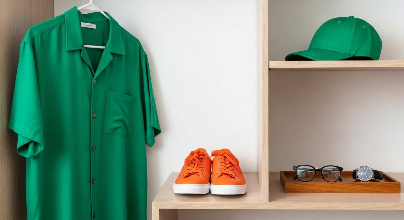 잘 정돈된 미니멀한 옷장 내부. 왼쪽에는 녹색 셔츠(着る)가 걸려있고, 그 아래 칸에는 오렌지색 신발(はく)이 놓여있습니다. 오른쪽 선반에는 녹색 모자(かぶる)가 있고, 그 옆 작은 트레이에는 안경(かける)과 시계(する)가 놓여 있는 모습.