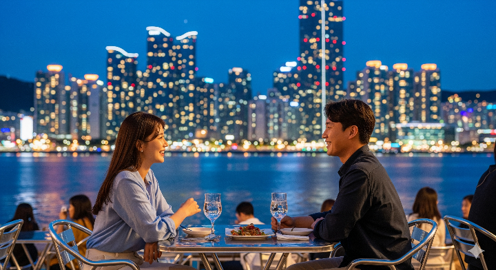 더베이101에서 마린시티 야경을 배경으로 야외 테이블에 앉아 담소를 나누는 커플의 모습
