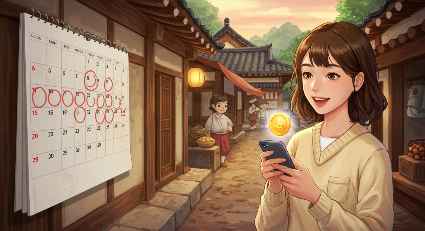 스마트폰으로 지급일을 확인하며 달력을 보는 여성
