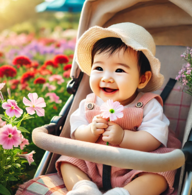 꽃이 핀 봄날, 엄마와 산책 중인 아기의 모습