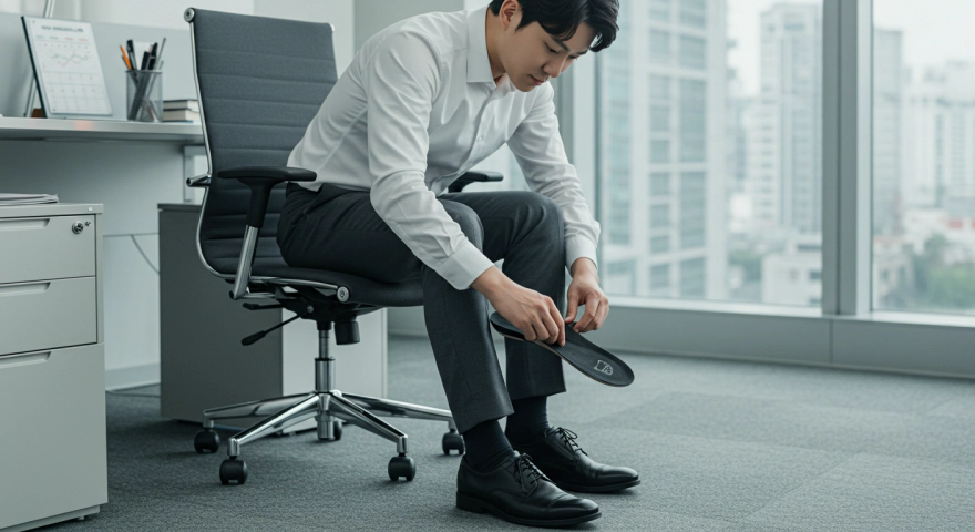 아치 서포트 깔창을 신발에 넣는 직장인