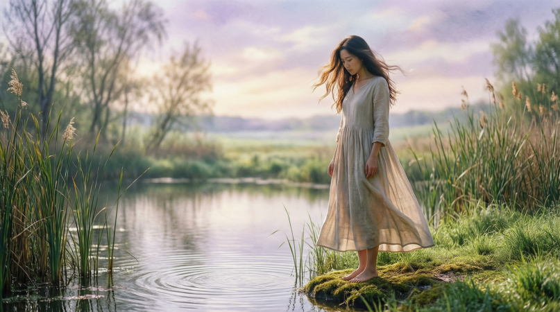 호수가에서-짖눌려-있던-감정들을-흘려보내는-여성