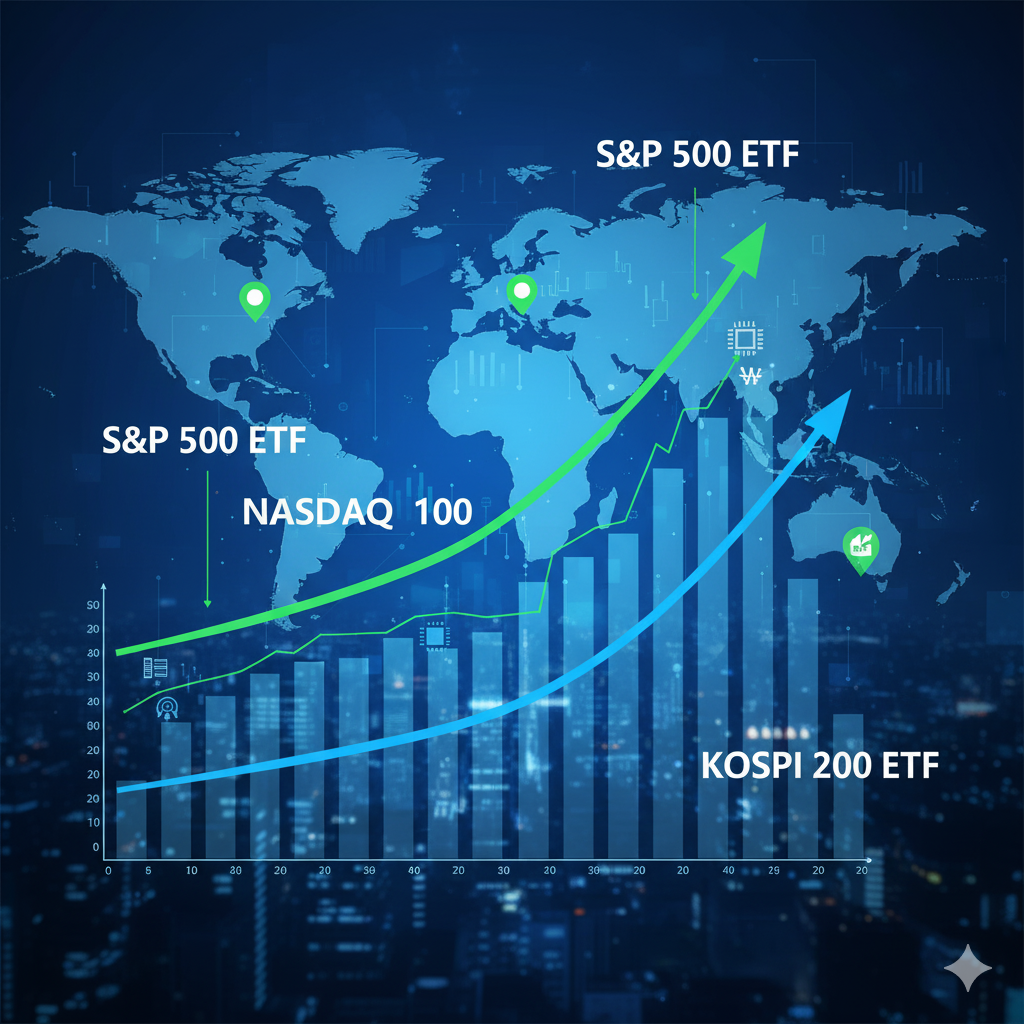 세계 지도 배경 위에 'S&P 500 ETF', 'NASDAQ 100', 'KOSPI 200 ETF'라는 레이블과 함께 세 개의 상향하는 성장 그래프가 시각적으로 표시되어 있는 모습. 각 지수(미국, 한국)의 성장률과 글로벌 ETF 투자를 비교하는 개념 이미지.
