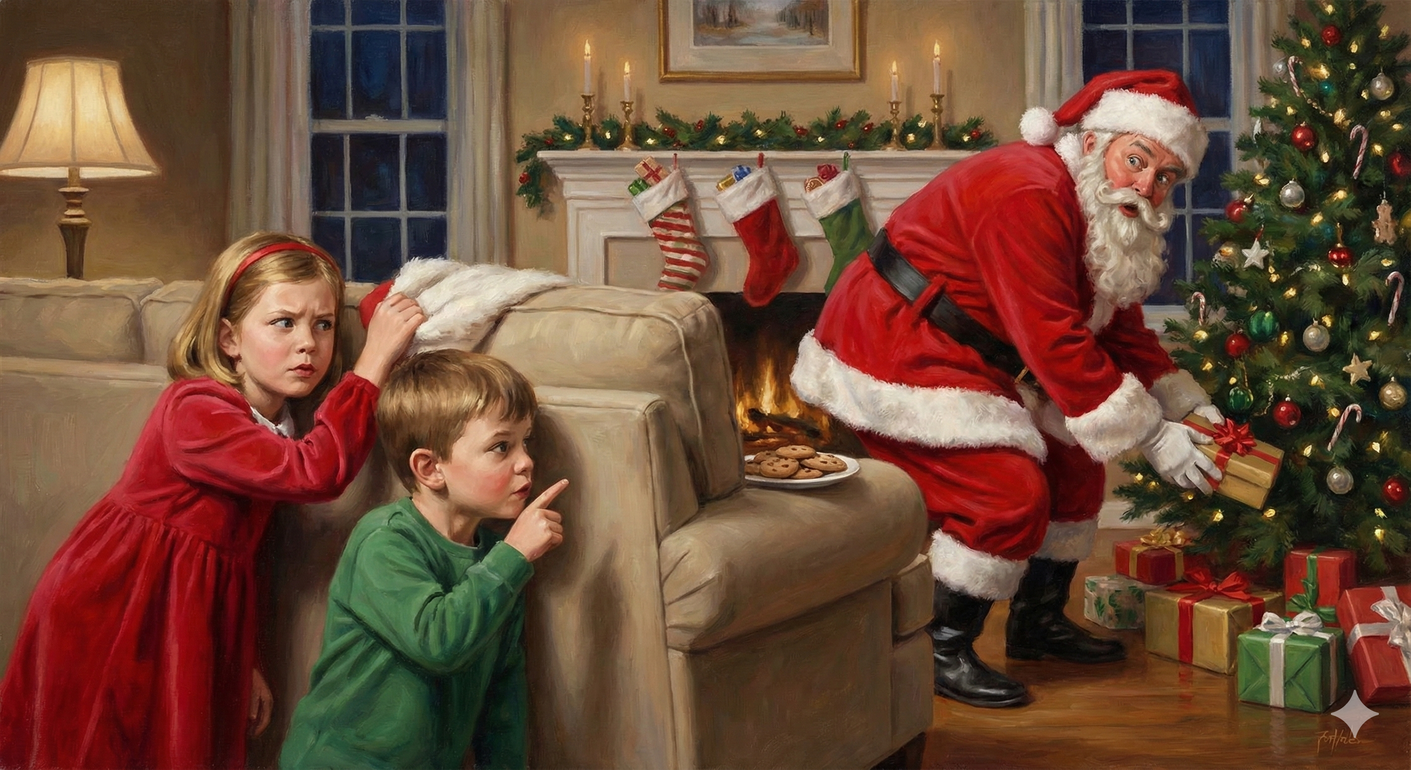 아이들이 산타할아버지가 아빠가 아닌지 의심하는 그림입니다.