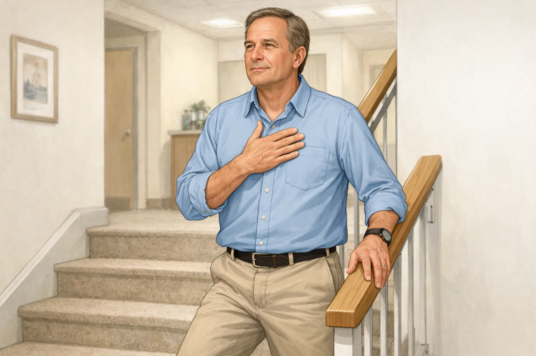 계단을 오르다 가슴 부위에 손을 얹고 숨가쁨과 두근거림을 느끼는 중년 남성의 모습