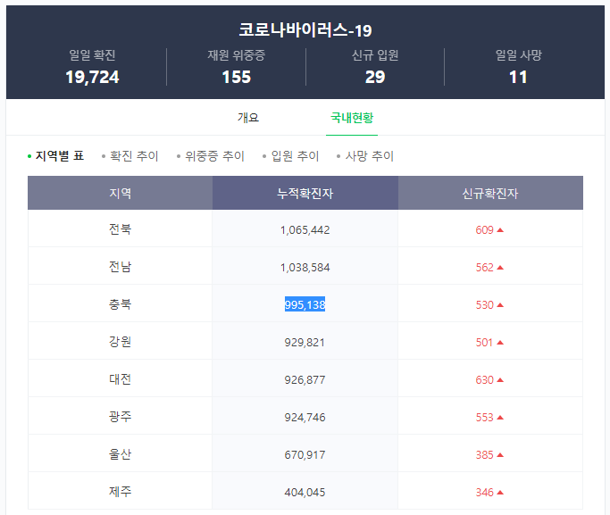 코로나 확진자 현황