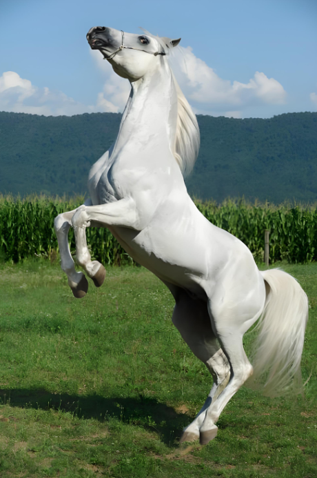 잔디위에서흰색말이앞발을들고있는모습의사진