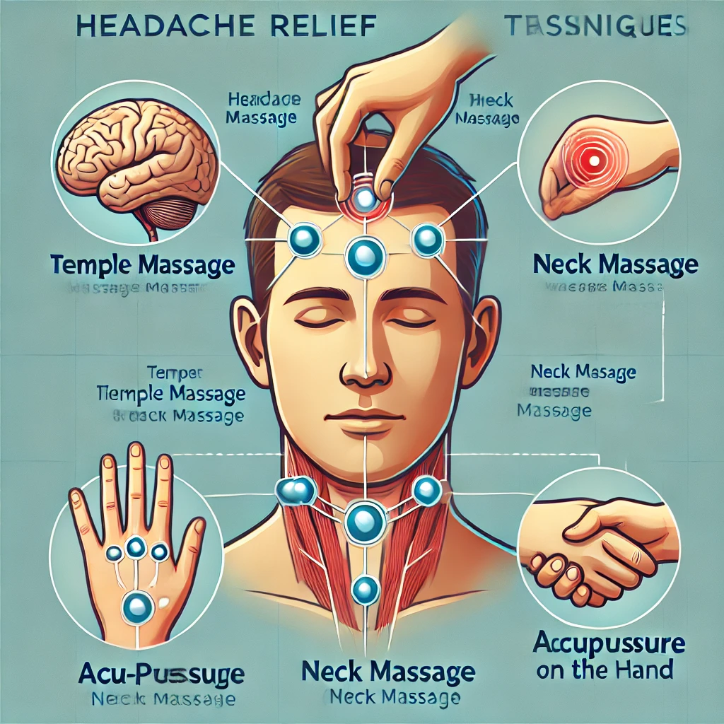 관자놀이, 목 뒤, 손가락 지압 등 주요 마사지를 설명
