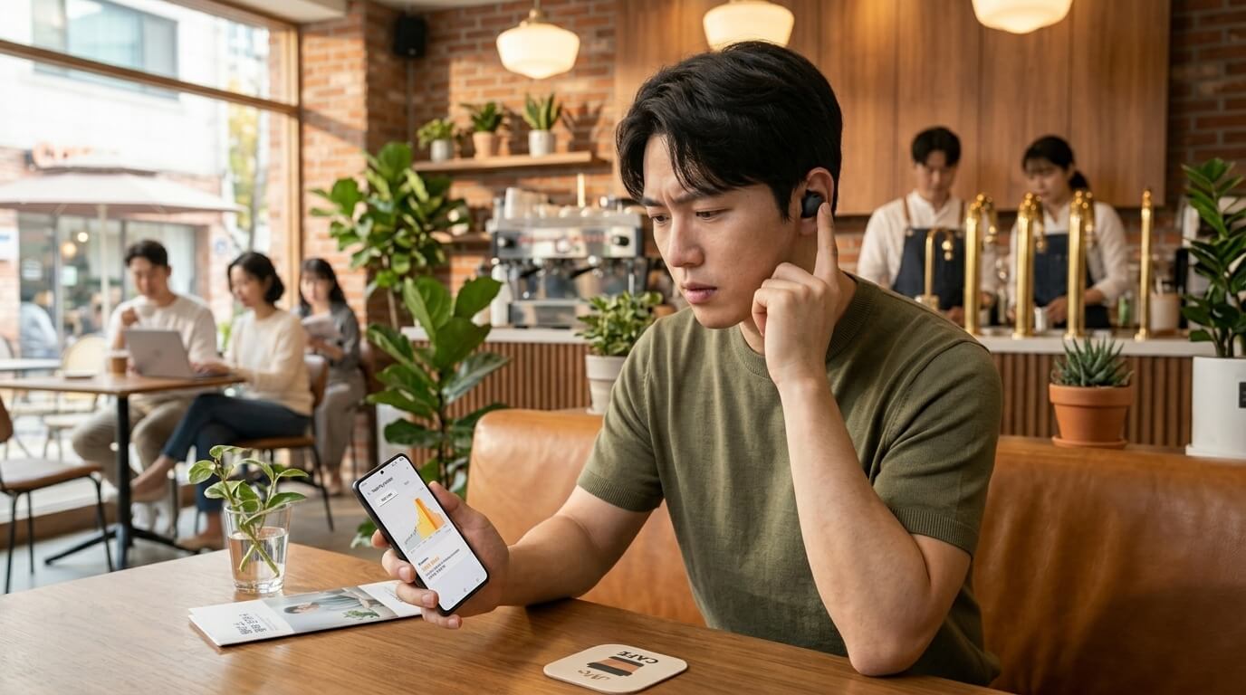 무선 이어폰을 착용한 사람이 귀 건강을 걱정하는 모습